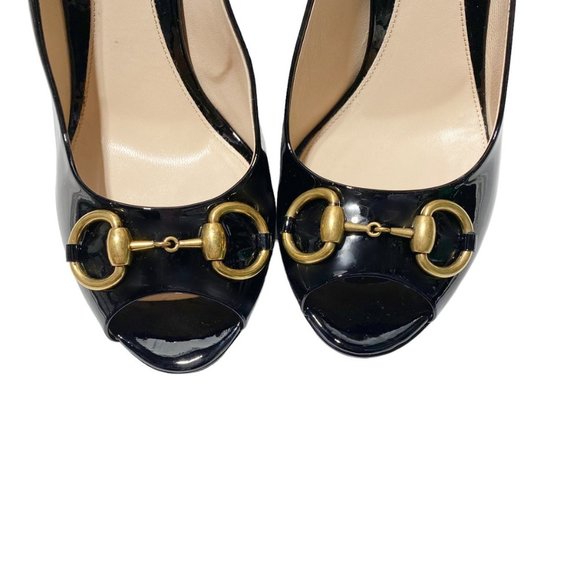 𝅺GUCCI Patent Leather Malaga Kid Horsebit Peep Toe Pumps Black - Picture 4 of 9